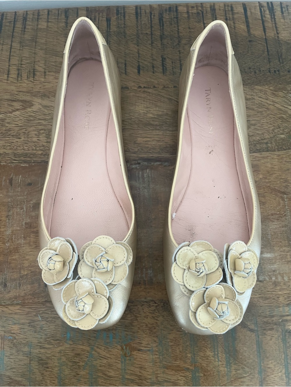 Taryn Rose Gold Leather Ballerina Flat with Patent Floral/Trim Ornamentation